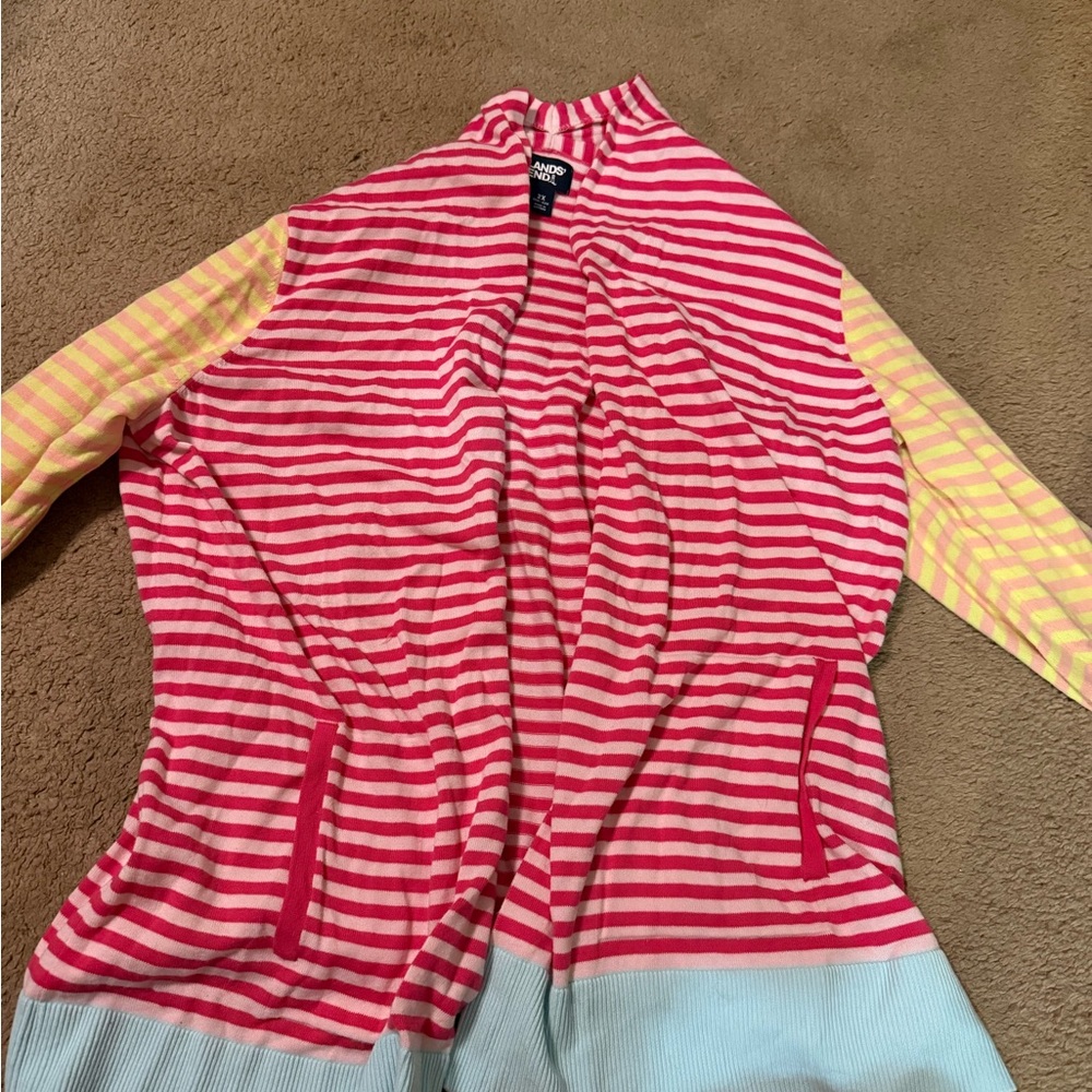 Lands' End Pink and Yellow Striped Cardigan